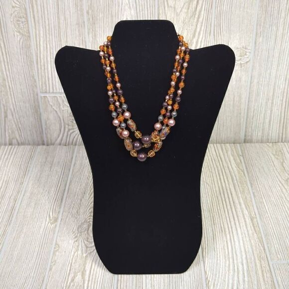 Vintage Multi Strand Glass Beaded Tiered Necklace 10” Long Drop Grannycore - Picture 1 of 7